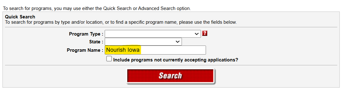 AmeriCorps search page with Nourish Iowa highlighted in the search bar