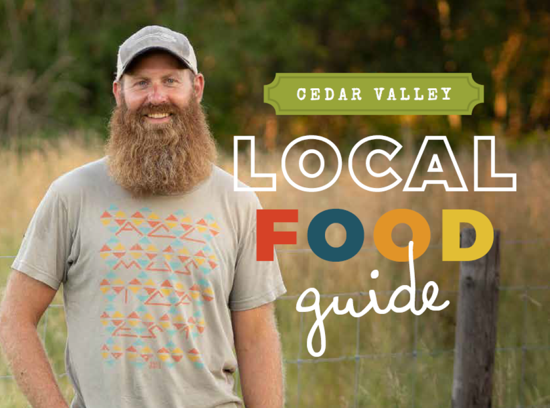 Cover of Local Food Guide, farmer in a hat and tshirt standing in a field. 