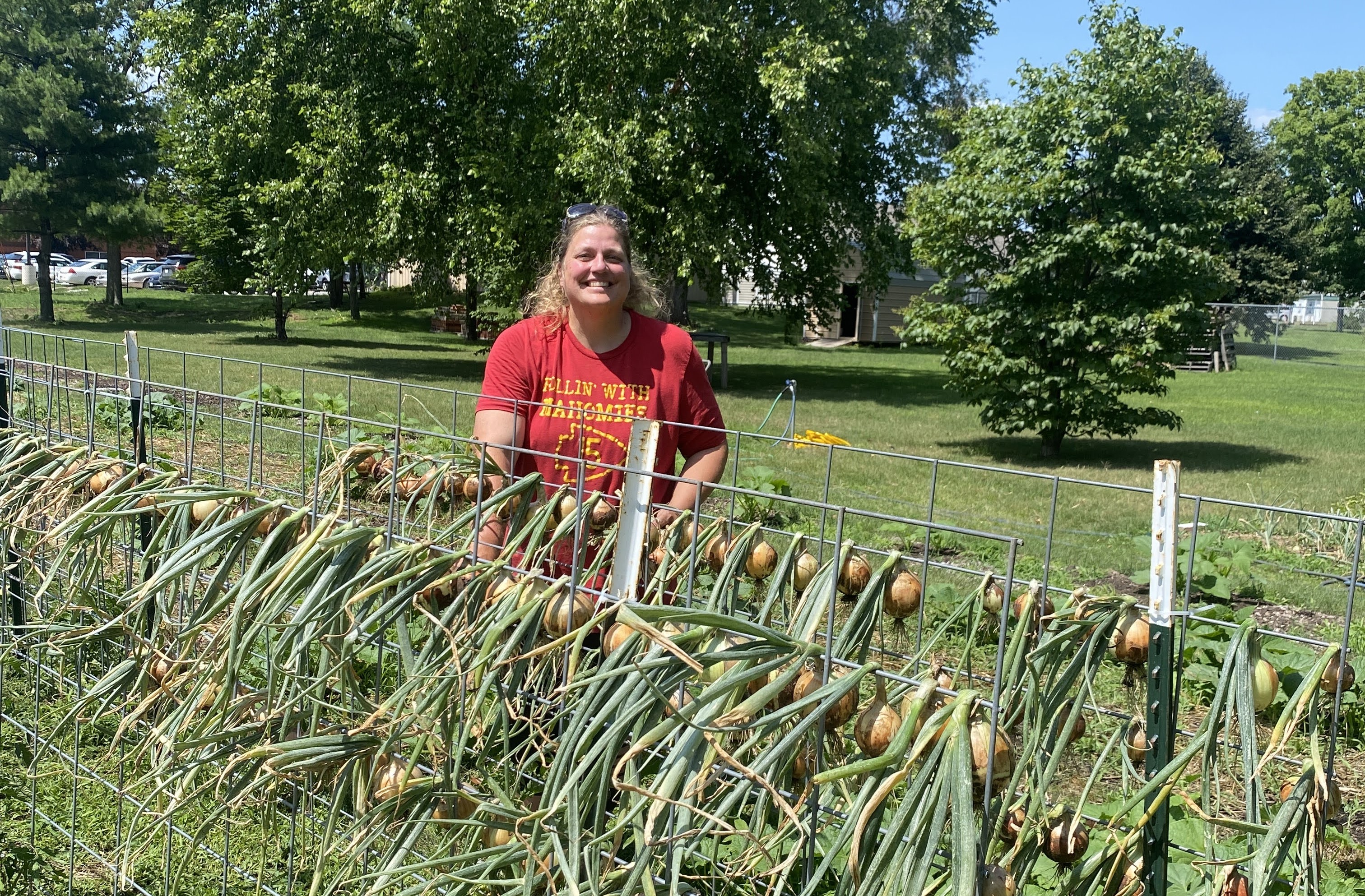 VISTA member hanging onions to dry after harvest