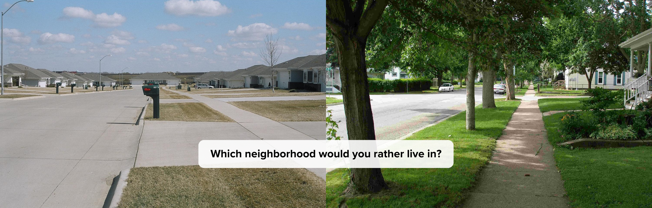 Image of two neighborhoods, one with no trees, no shade, and brown grass, another with a well shaded sidewalk and lots of big trees, green grass. 